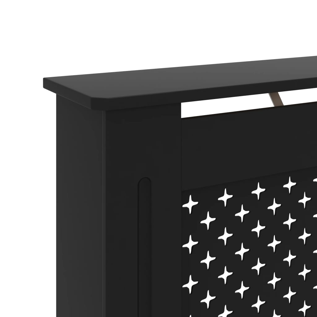 Black MDF radiator cover with slatted honeycomb front, sized 67.7x7.5x32.1 cm.