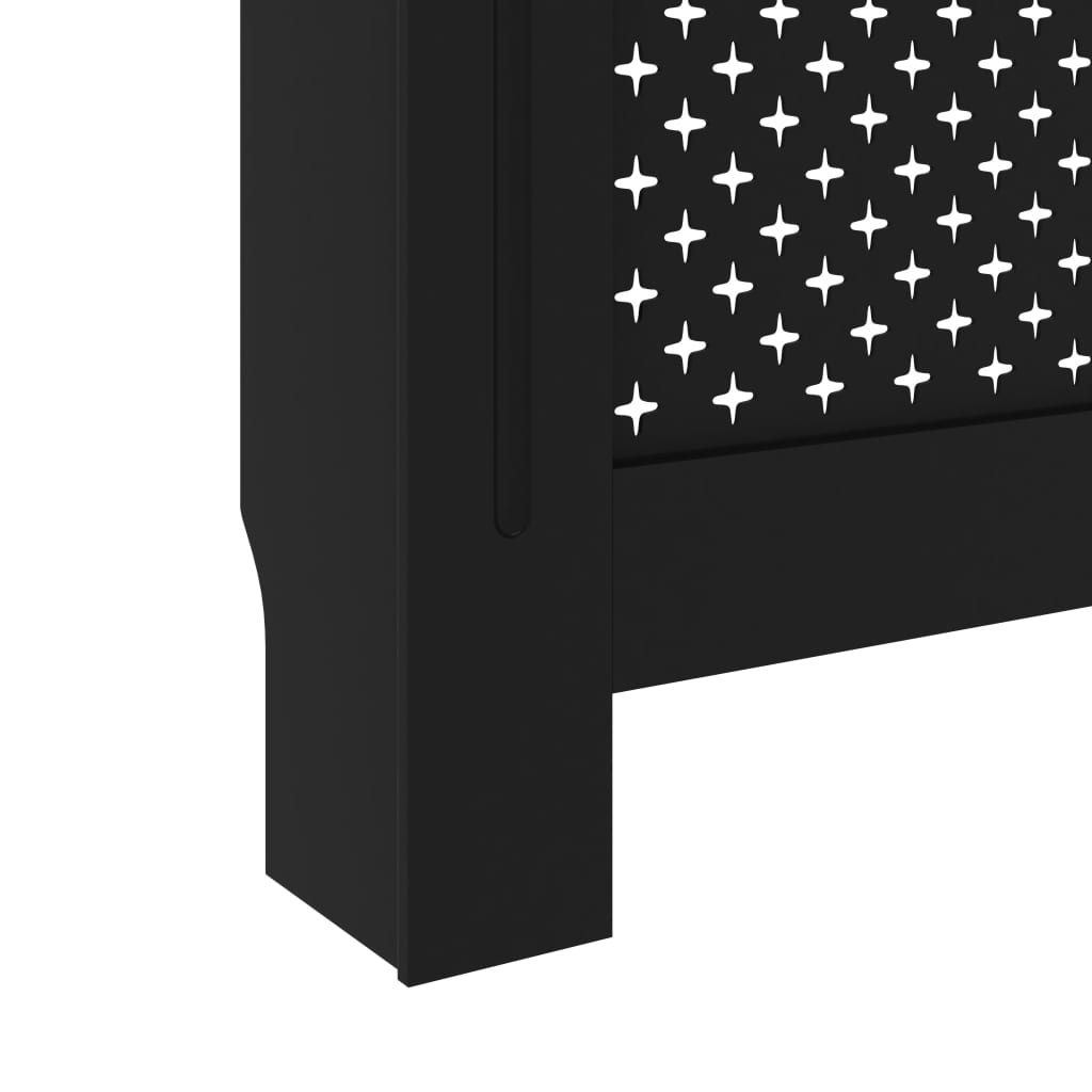 Black MDF radiator cover with slatted honeycomb front, sized 67.7x7.5x32.1 cm.