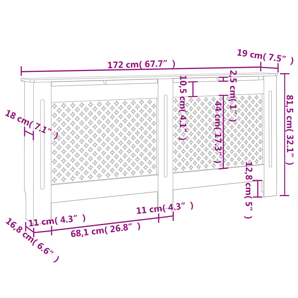 Black MDF radiator cover measuring 67.7 x 7.5 x 32.1 cm with slatted design.