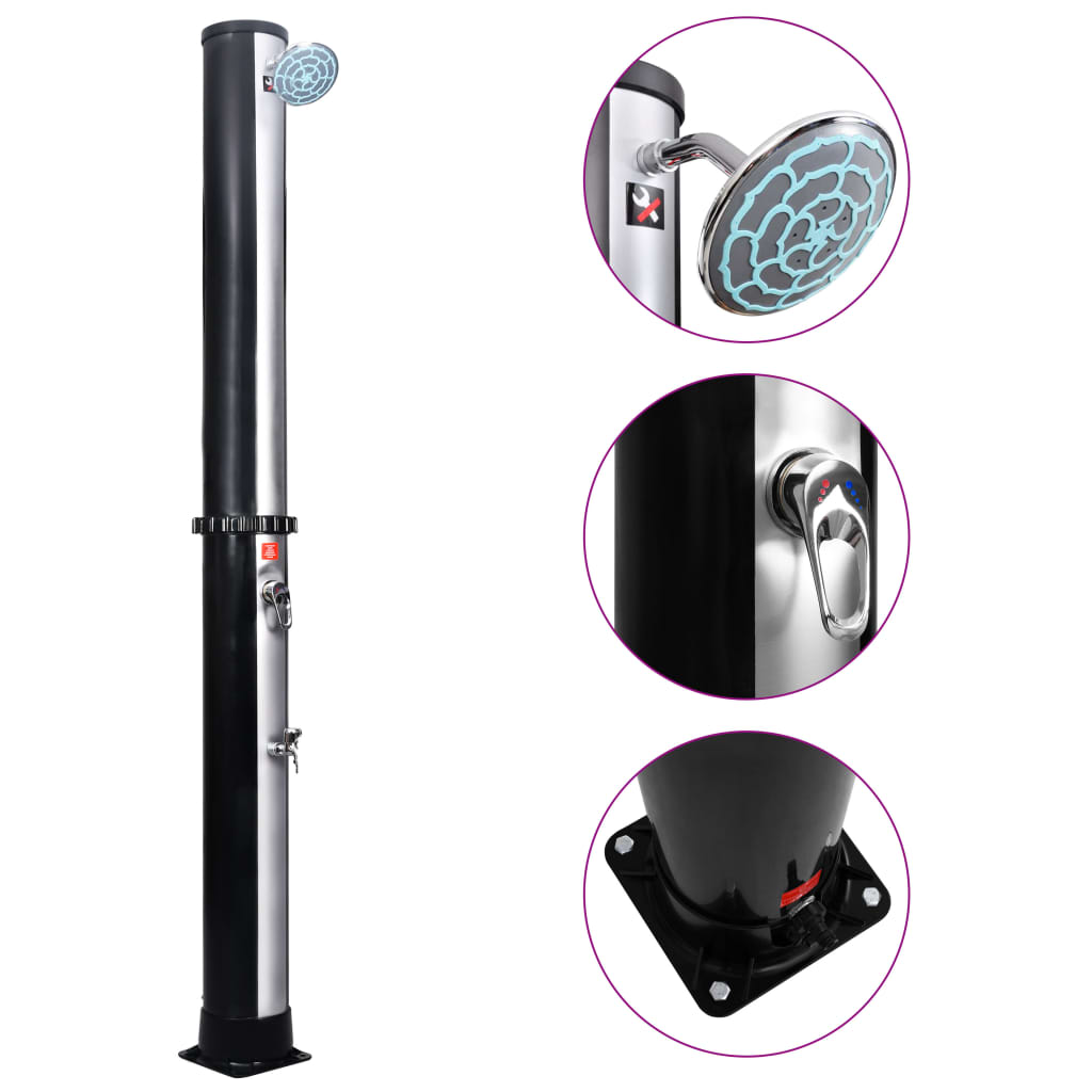 Tall black and silver outdoor solar shower with rain-style head and side faucet on base.