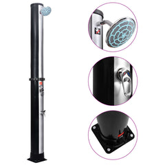 Tall black and silver outdoor solar shower with rain-style head and side faucet on base.
