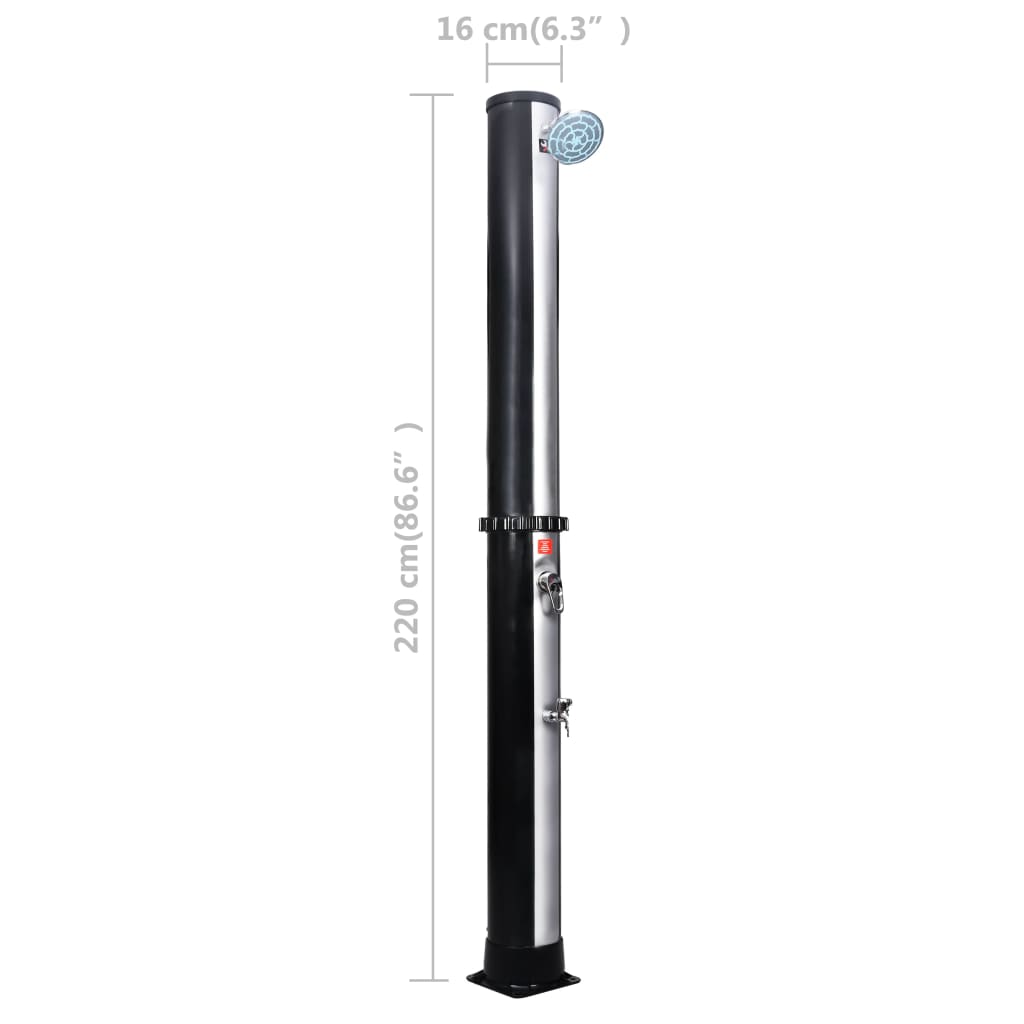 Black and silver outdoor solar shower post, 16 cm wide and 202 cm tall, with shower head and faucet.