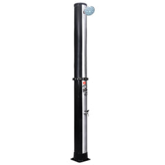 Tall black and silver outdoor solar shower post with overhead shower head and foot faucet.