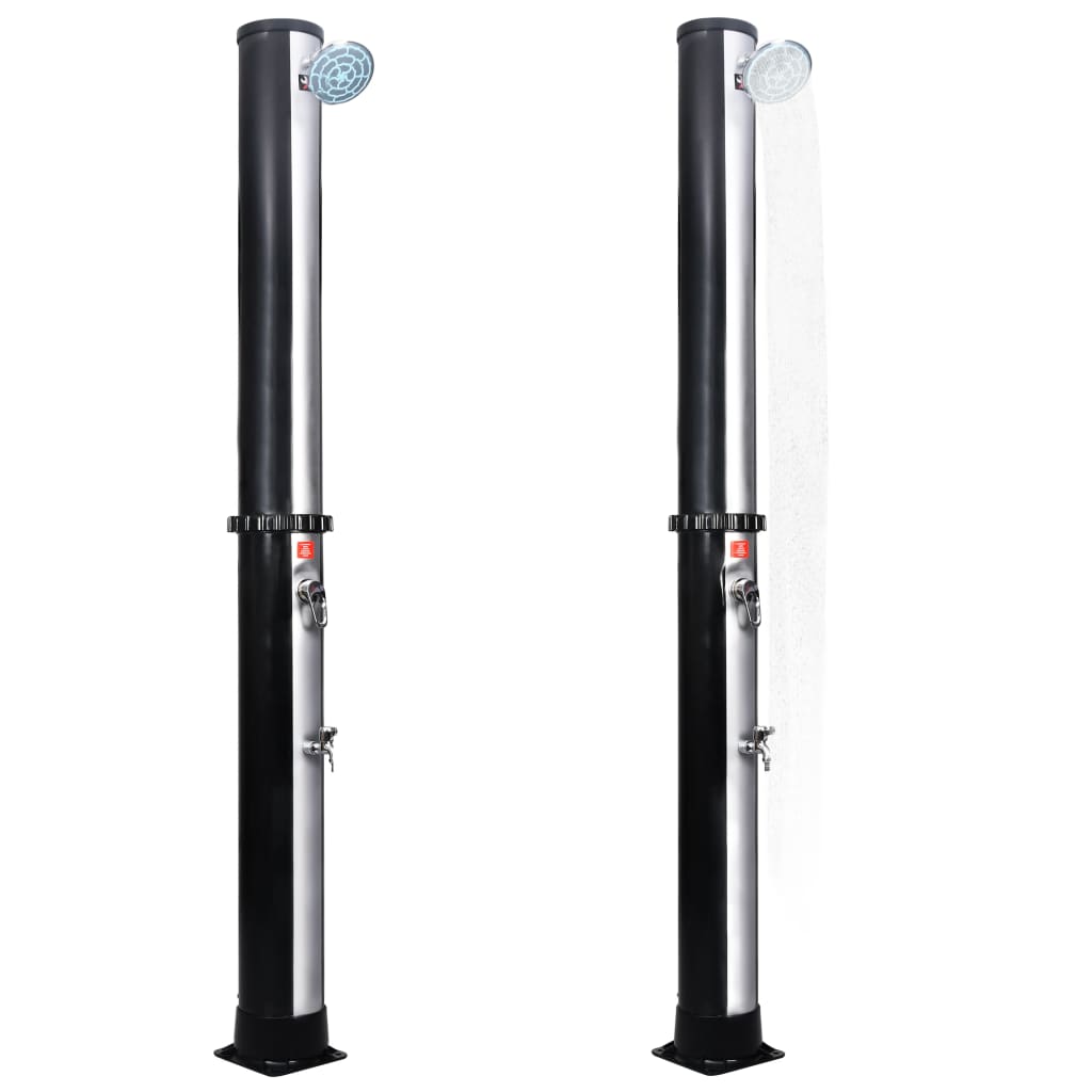 Two views of a black and silver outdoor solar shower post with 10.6-gallon tank, overhead head, and foot faucet.