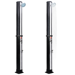 Two views of a black and silver outdoor solar shower post with 10.6-gallon tank, overhead head, and foot faucet.