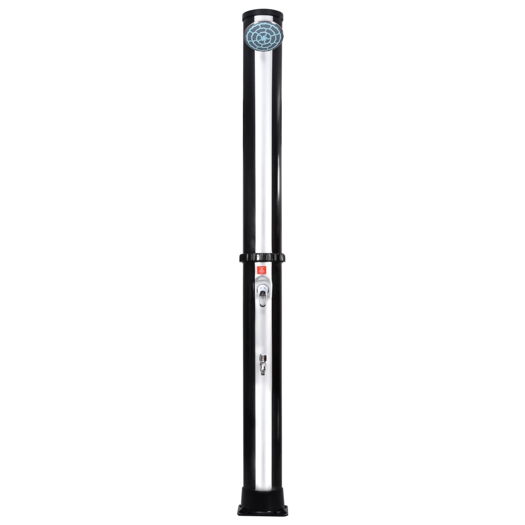 Tall black and silver outdoor solar shower with overhead head and side faucet.
