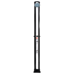 Tall black and silver outdoor solar shower with overhead head and side faucet.