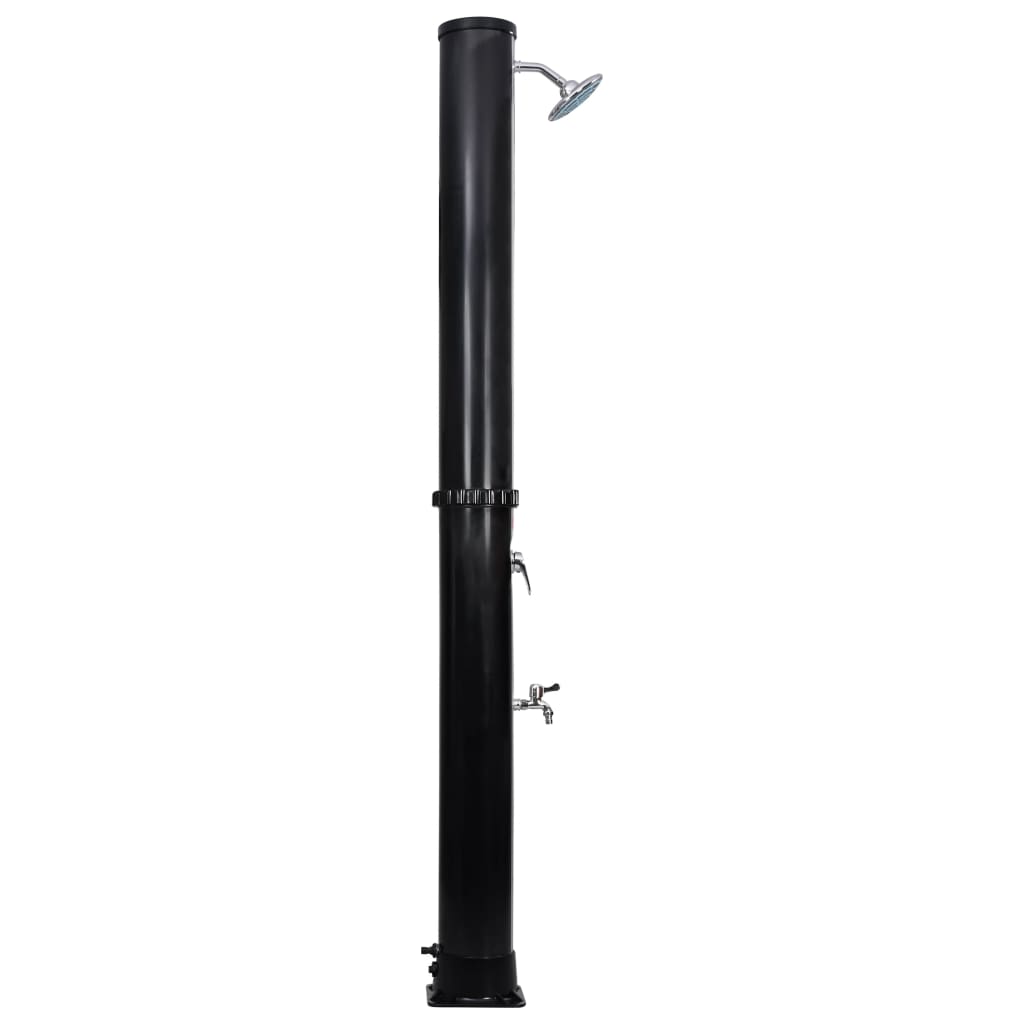 Black outdoor solar shower post with 10.6-gallon tank, overhead head, and foot faucet.