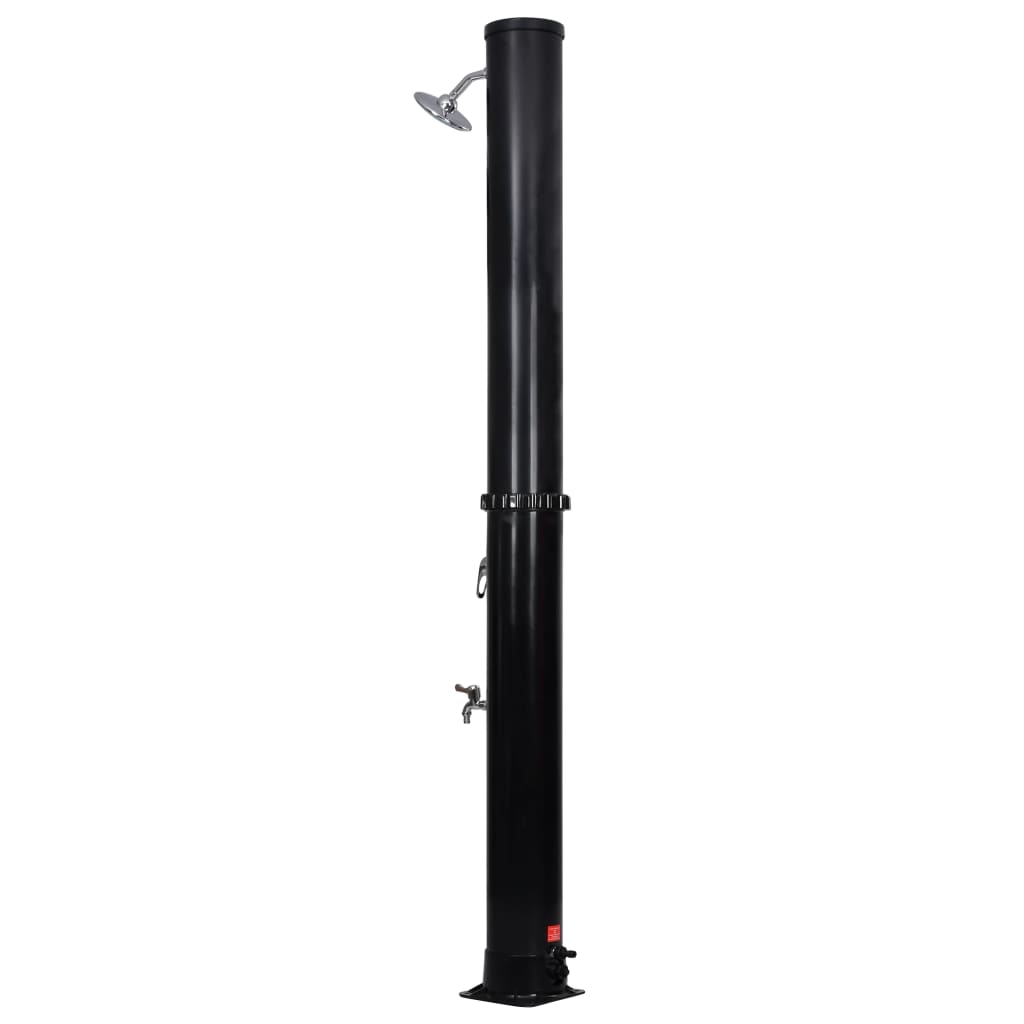 Tall black outdoor solar shower post with silver showerhead, foot faucet, and 10.6-gallon tank.