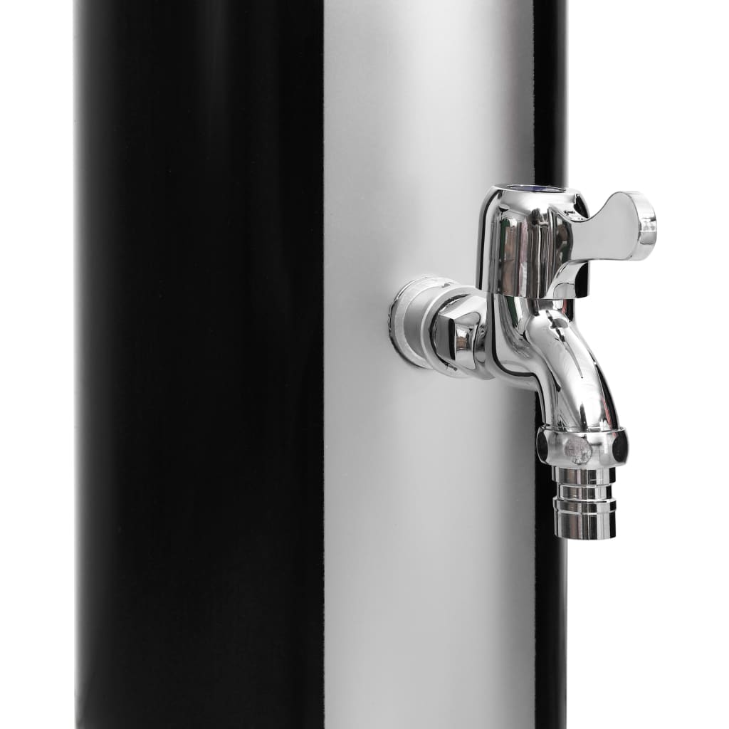 Black and silver outdoor solar shower with 10.6-gallon tank, overhead head, and side faucet.