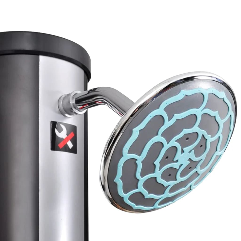 Bostome outdoor solar shower with 10.6-gallon tank, rain showerhead, and foot faucet.