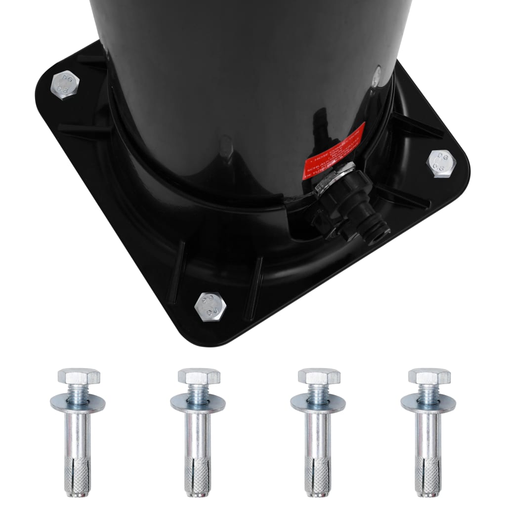 Black outdoor solar shower base with four metal anchor bolts and side faucet connection.