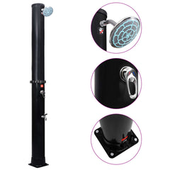 Black PVC outdoor solar shower, 10.6 gal capacity, with overhead head and foot faucet.