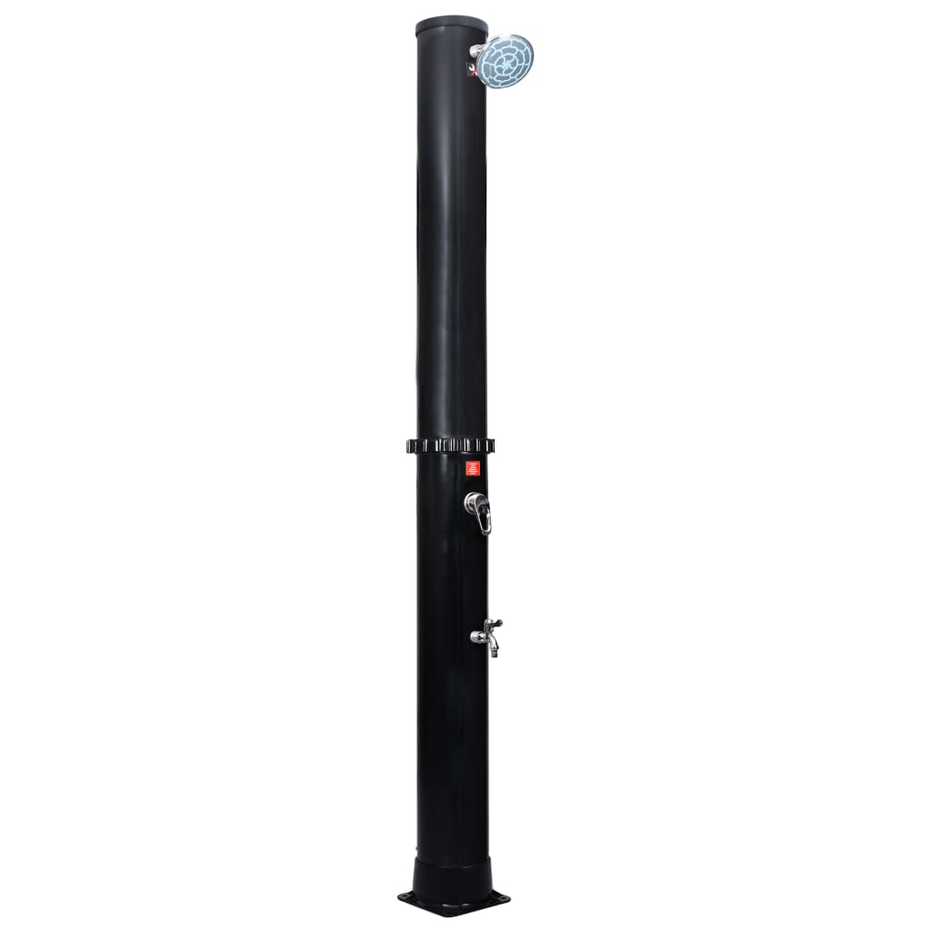 Black PVC outdoor solar shower with 10.6-gallon tank, overhead head, and foot faucet.