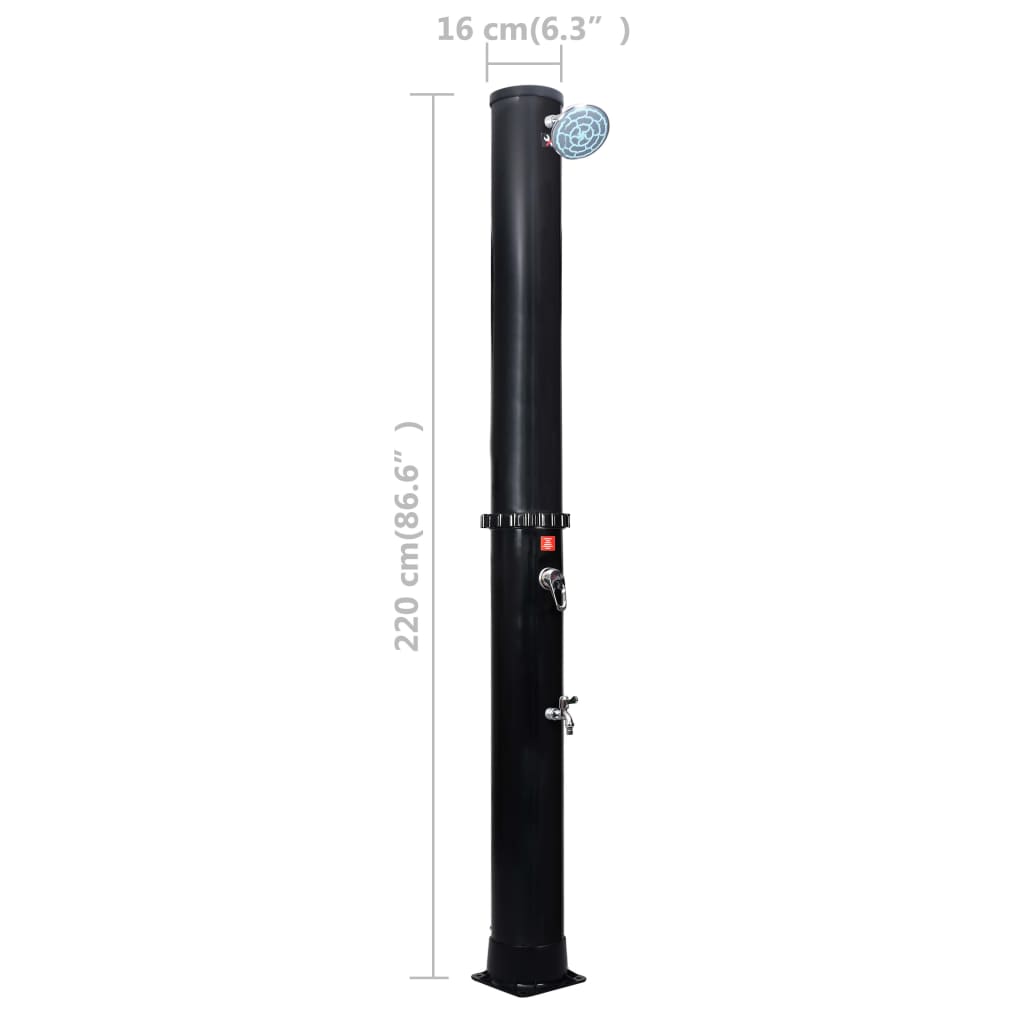 Black PVC outdoor solar shower, 10.6 gal, 86.6" tall with shower head and faucet.