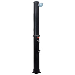 Black PVC outdoor solar shower with 10.6-gallon tank, overhead head, and foot faucet.