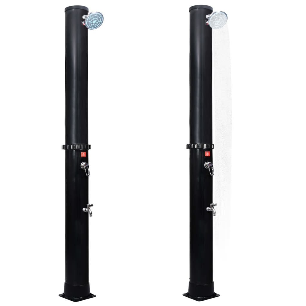 Black PVC outdoor solar shower with 10.6 gal tank, overhead head, and foot faucet.
