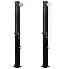 Black PVC outdoor solar shower with 10.6 gal tank, overhead head, and foot faucet.