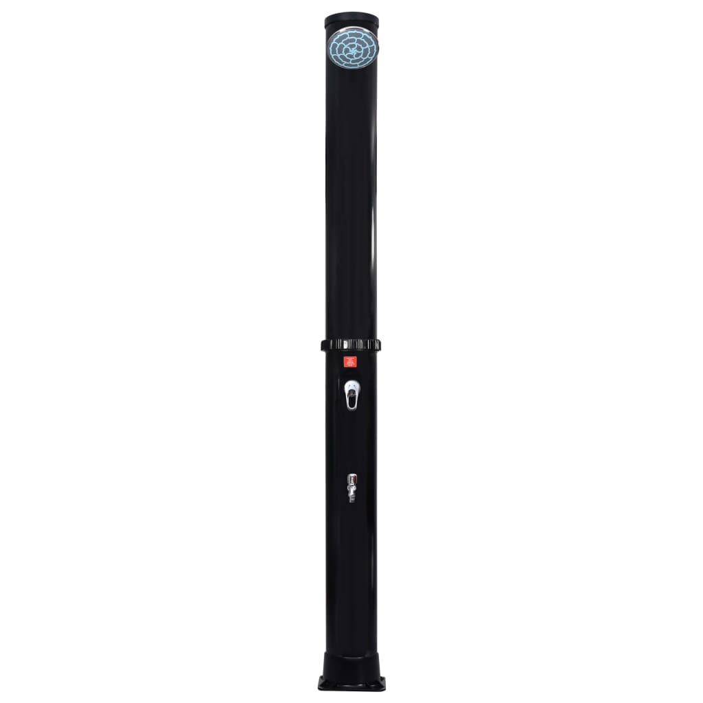 Black PVC outdoor solar shower with 10.6-gallon tank, shower head, and foot faucet.