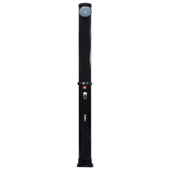 Black PVC outdoor solar shower with 10.6-gallon tank, shower head, and foot faucet.
