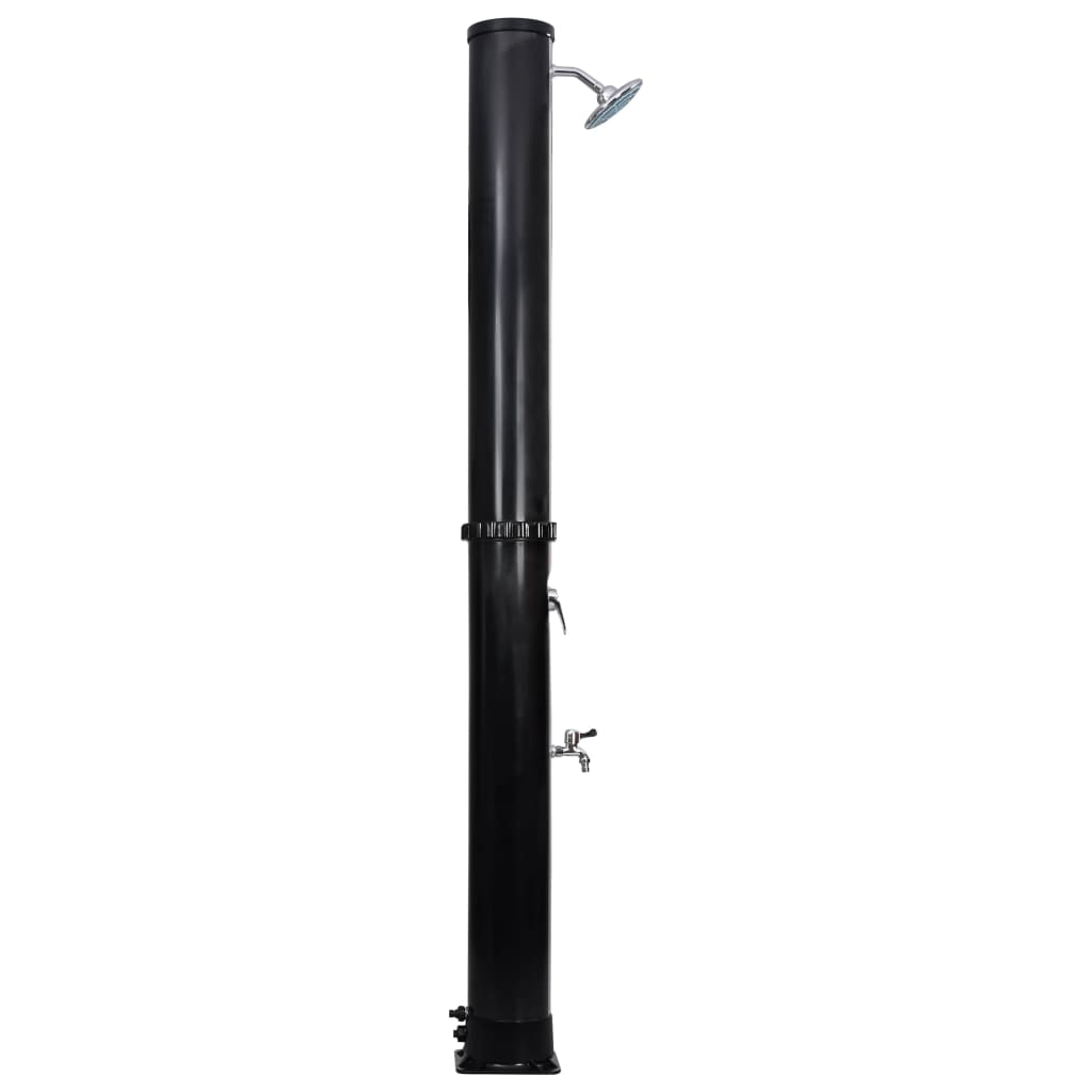 Black PVC outdoor solar shower with 10.6-gallon tank, overhead head, and foot faucet.