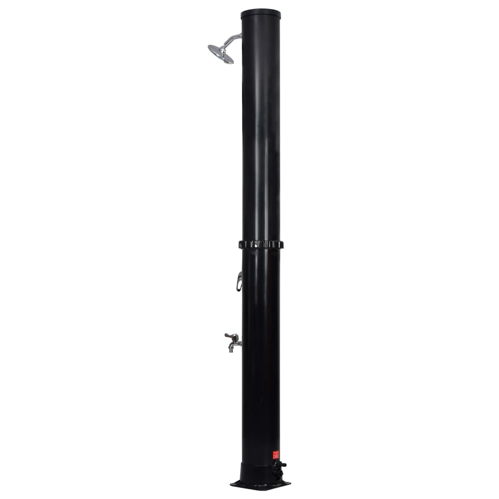 Black PVC outdoor solar shower with 10.6-gallon tank, overhead head, and foot faucet.