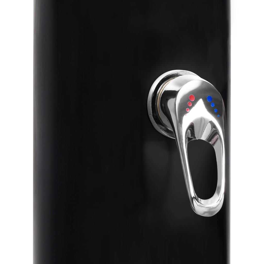 Black 10.6-gallon outdoor solar shower with PVC tank, chrome faucet, and shower head.