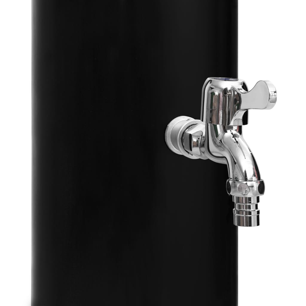A black outdoor solar shower with a chrome faucet on a white background.