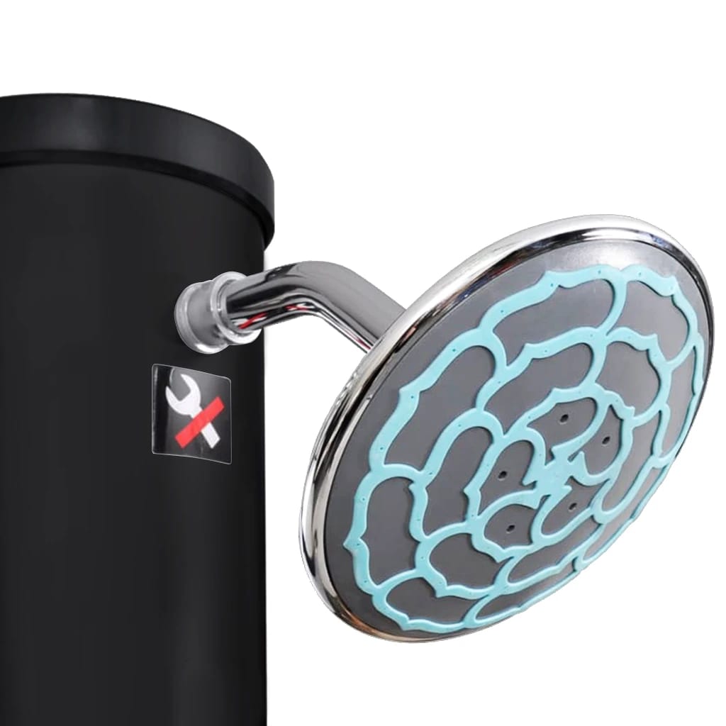 Black outdoor solar shower with 10.6-gallon PVC tank, detachable rain head, and foot faucet.