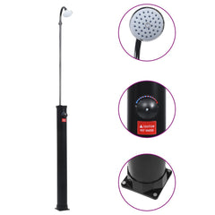 Black solar garden pool shower with 84.6-inch height and temperature control knob.