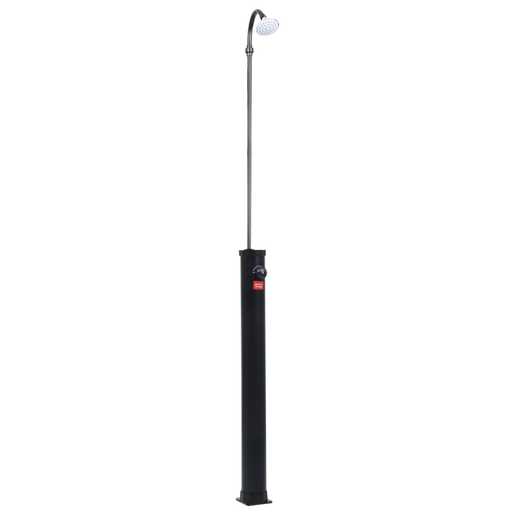 Black 84.6-inch solar pool shower with 2.1-gallon tank and curved head.