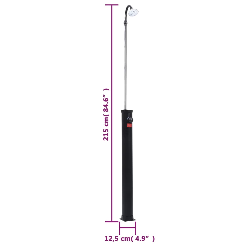 Black 84.6-inch solar pool shower with 2.1-gallon tank and measurements shown.