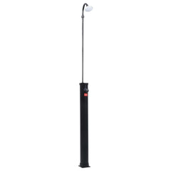 Black 84.6-inch solar pool shower with 2.1-gallon tank and curved head.