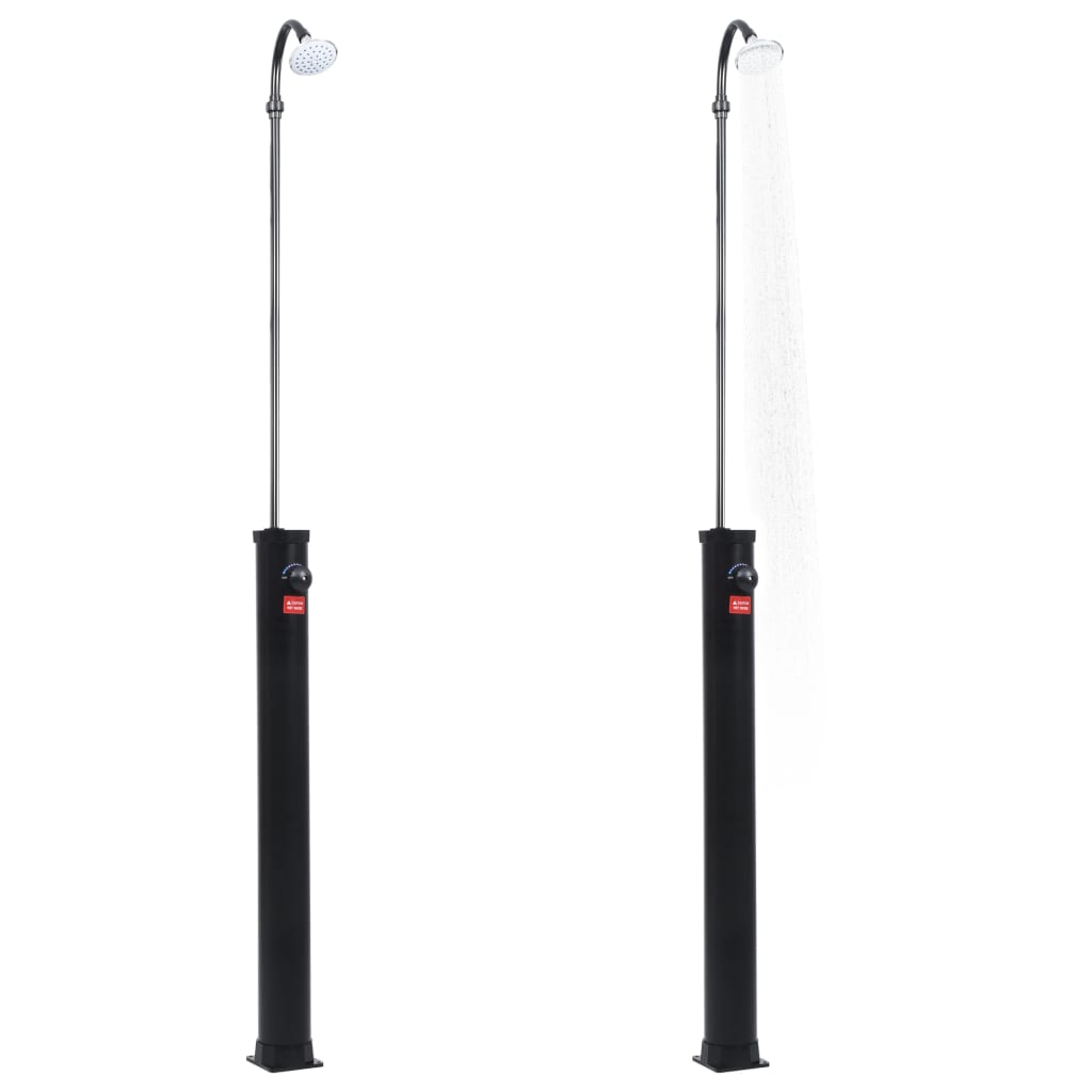 Two black 84.6-inch solar pool showers with 2.1-gallon tanks and curved heads on stands.