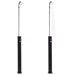 Two black 84.6-inch solar pool showers with 2.1-gallon tanks and curved heads on stands.