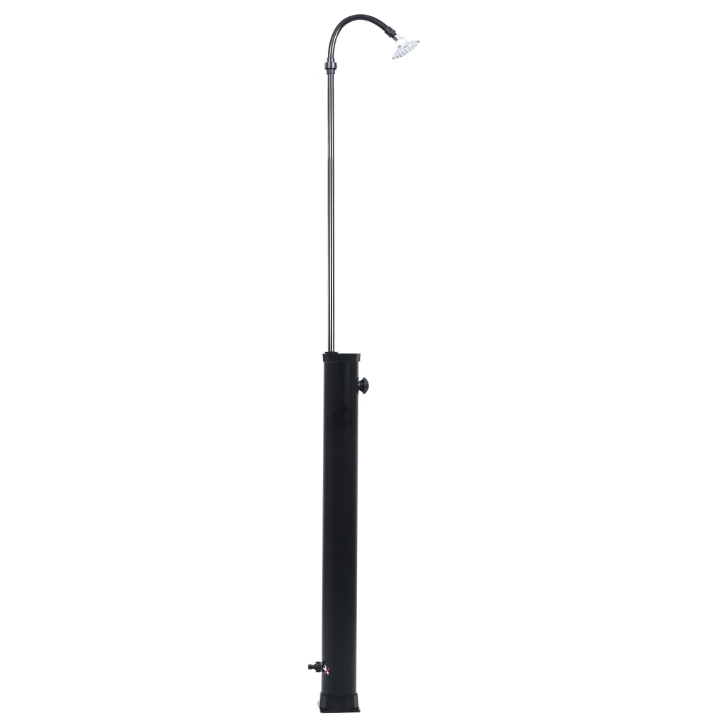 Black 84.6-inch solar pool shower with 2.1-gallon tank and curved head.