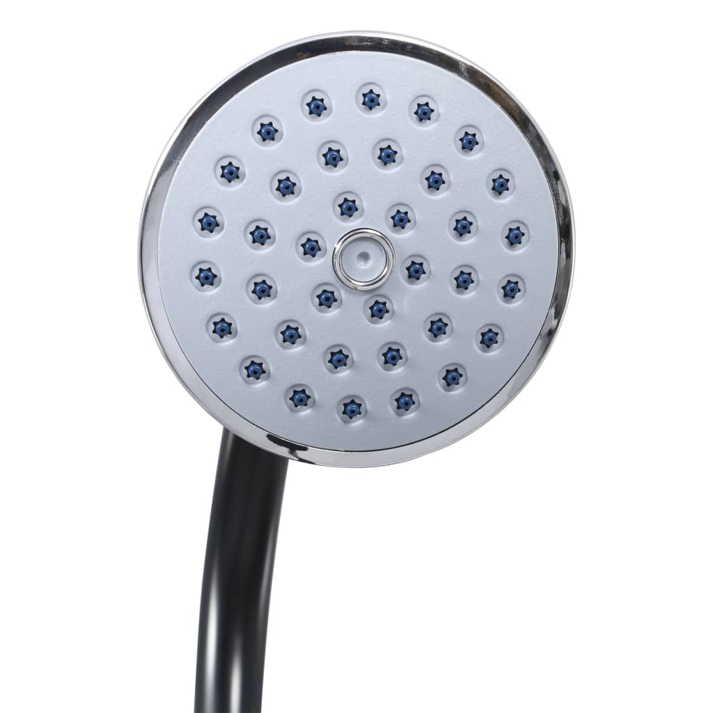 Black solar-powered garden pool shower, 84.6 inches tall with 2.1-gallon tank.