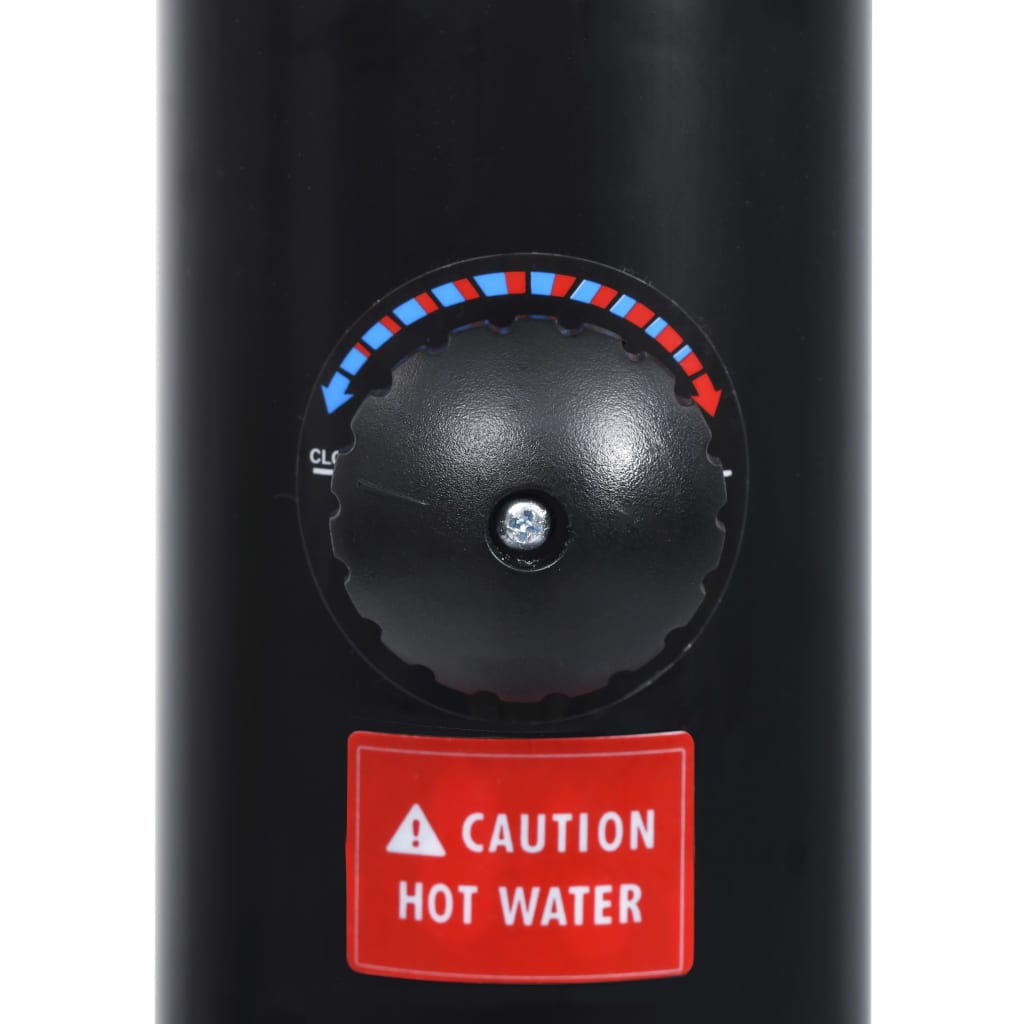 Black solar pool shower with temperature control knob and caution hot water sign.