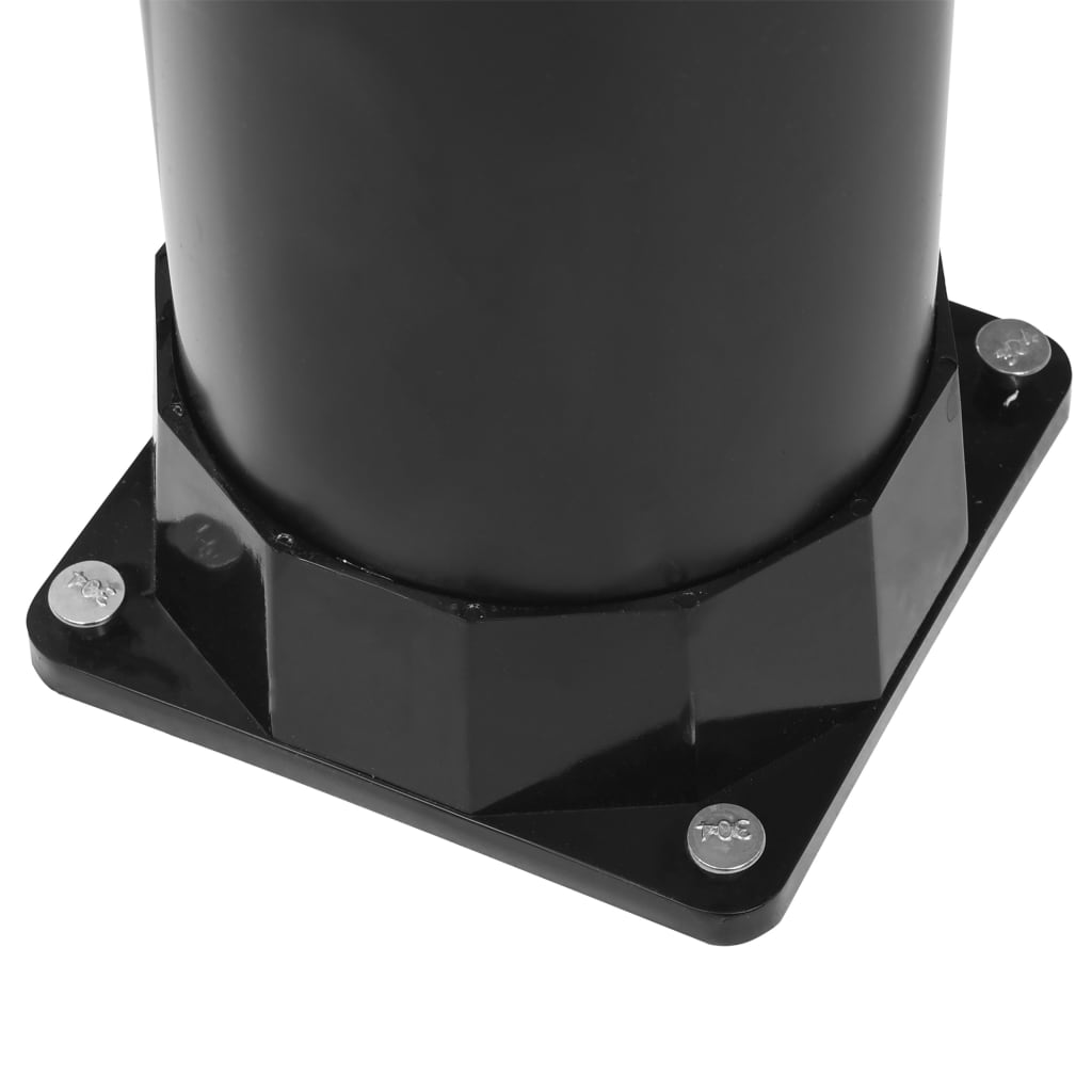 Black solar pool shower base with screws and cylindrical tank above, sturdy design.