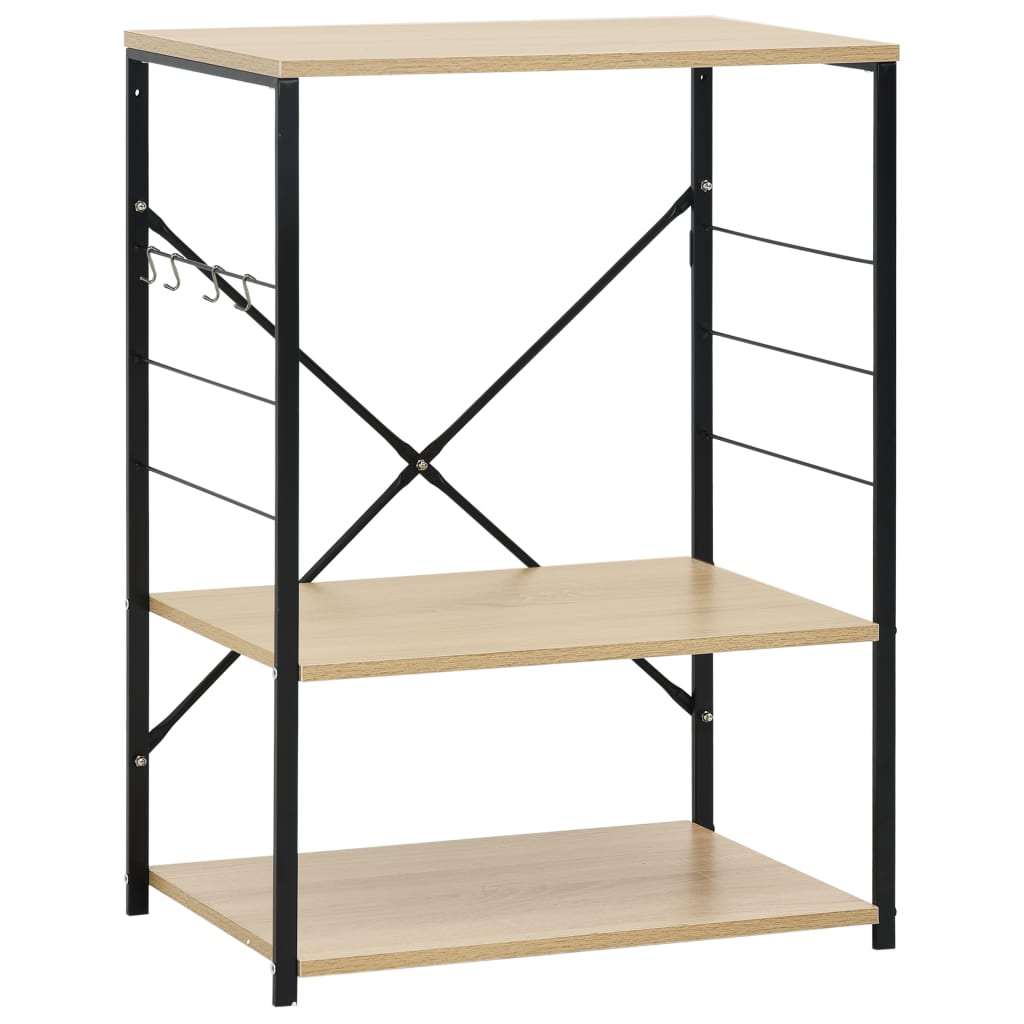 A 3-tier black metal and oak microwave cabinet with side hooks and shelves.