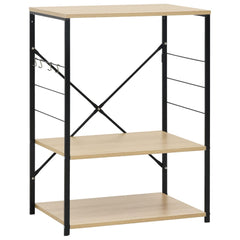 A 3-tier black metal and oak microwave cabinet with side hooks and shelves.