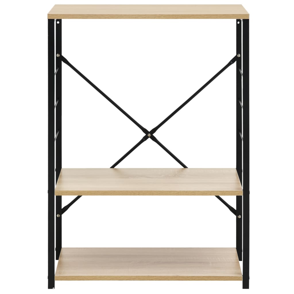 Three-tier black and oak microwave cabinet with engineered wood shelves.