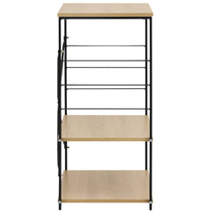 Black and oak 3-tier microwave cabinet with engineered wood shelves and steel frame.