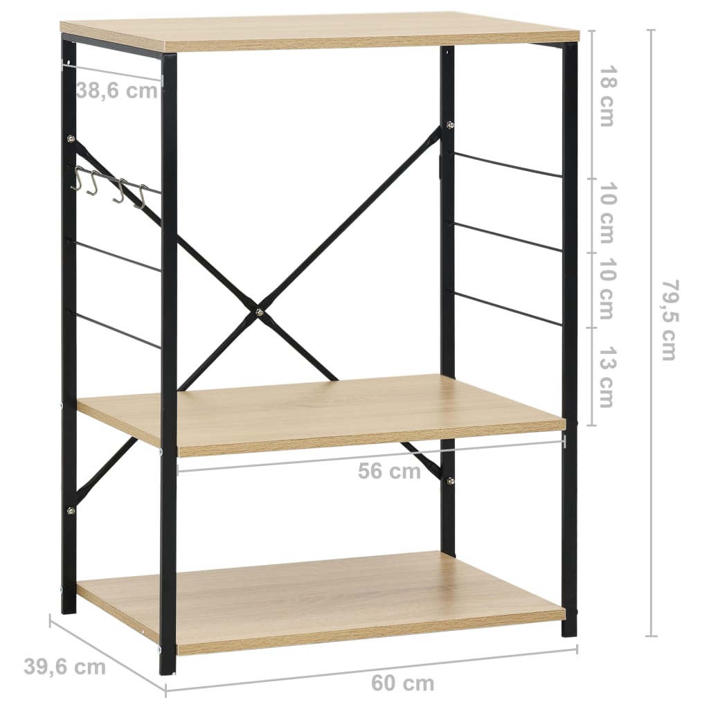 Three-tier black metal and oak engineered wood microwave cabinet with side hooks and dimensions.