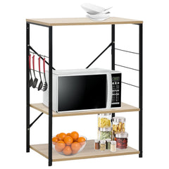 3-tier black and oak microwave cabinet with engineered wood shelves and metal frame.
