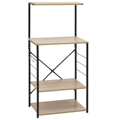 Black and oak microwave cabinet with four engineered wood shelves on a steel frame.