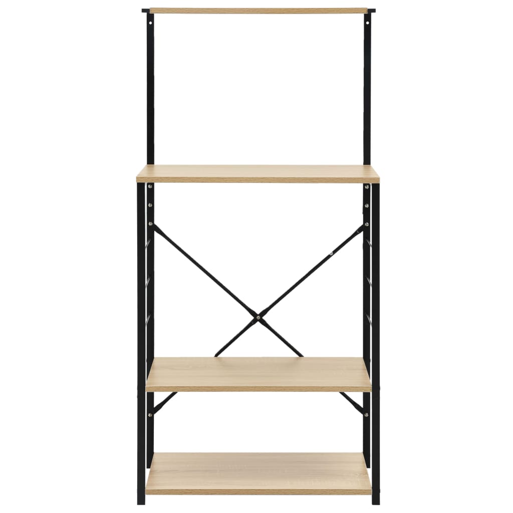 Black and oak microwave cabinet with four engineered wood shelves and steel frame, 23.6x15.6x48.4 inches.