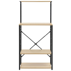 Black and oak microwave cabinet with four engineered wood shelves and steel frame, 23.6x15.6x48.4 inches.