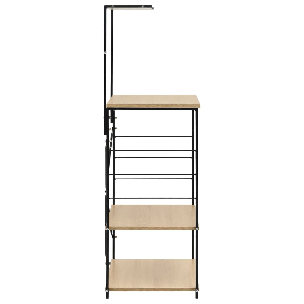 Black and oak microwave cabinet with metal frame, four shelves, and side hooks, measuring 23.6x15.6x48.4 inches.