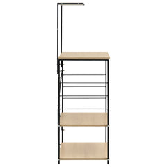 Black and oak microwave cabinet with metal frame, four shelves, and side hooks, measuring 23.6x15.6x48.4 inches.
